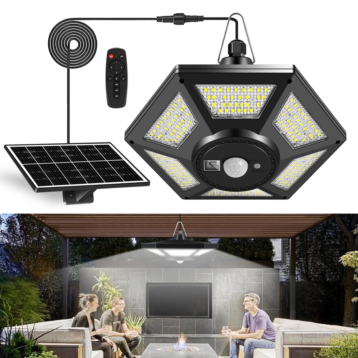 ソーラーペンダントライト屋外屋内リモート180LEDソーラーシェッドライトモーションセンサー付き5つの照明モードガレージパティオ納屋用
