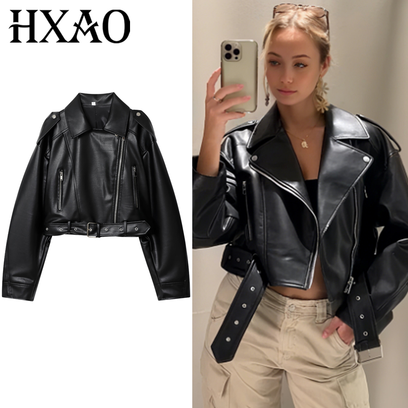 HXAO 黒 Pu レザージャケット女性のジャケット秋 2025 作物非対称ジップコート長袖アウターシックなモーターサイクリストジャケット