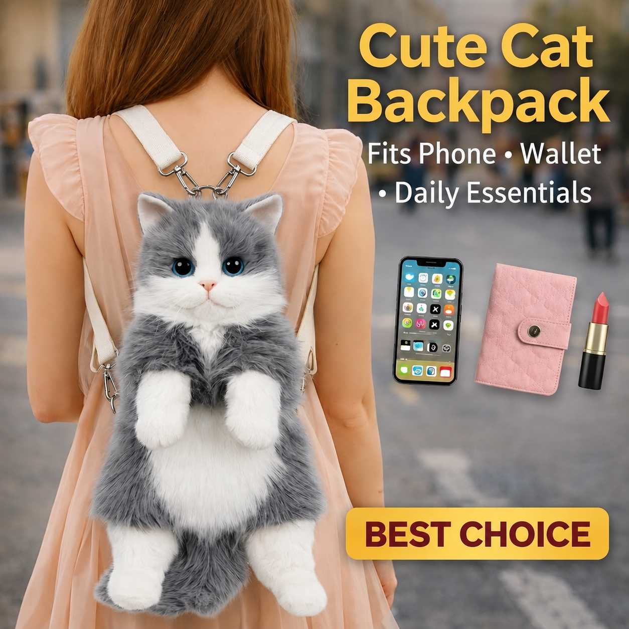 女の子用のかわいい猫のバックパック、かわいいぬいぐるみバッグ、学校、旅行用のソフトアニマルクロスボディバッグ