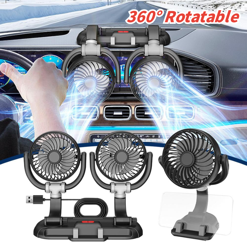 360°回転 USB 車冷却ファン 電話ホルダー付き コンパクトデスク/車両用ファン 調整可能なデュアル機能車ファン 電話ブラケット