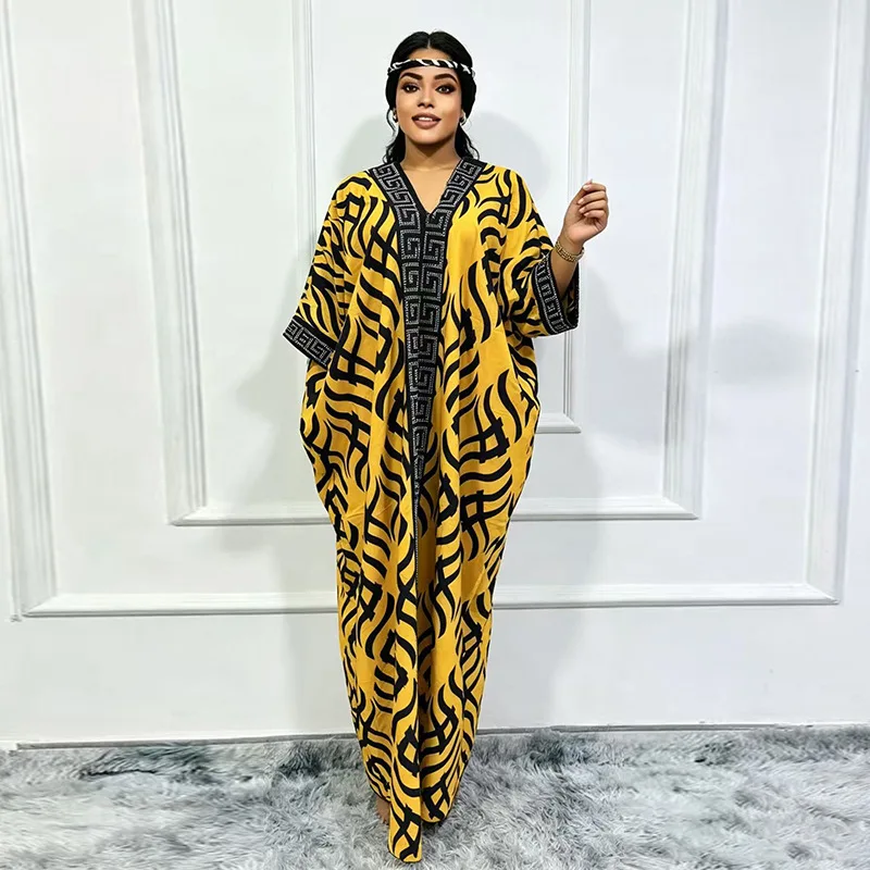新しいファッション中東ブブ売れ筋ダイヤモンド散りばめルースイスラム教徒アフリカ夏プリント女性のドレスとサイドポケット