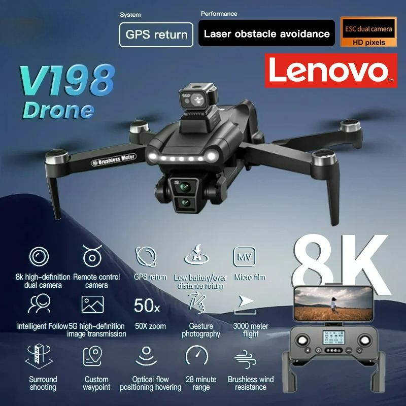 レノボ V198GPS ドローン 4K プロフェッショナル FPV ブラシレスレーザー障害物回避空中光学折りたたみ式 Quadcopter ミニ 8K ドローン