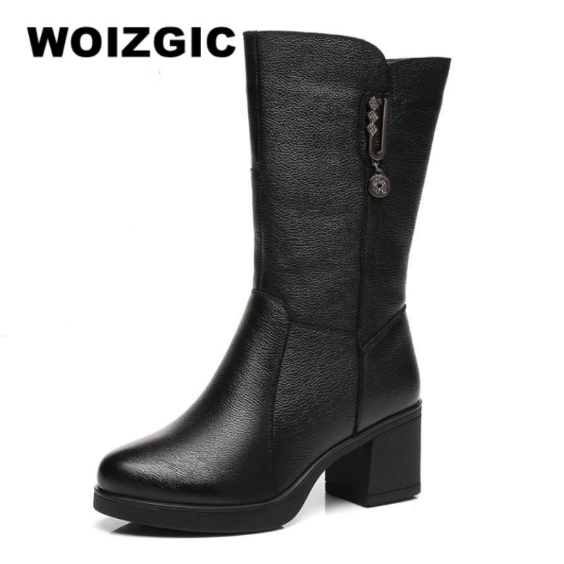 WOIZGIC 女性本革ミッドカーフブーツ女性マザーレディース冬の毛皮ぬいぐるみ暖かい