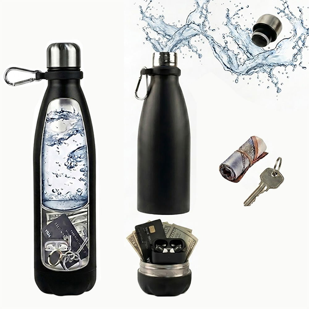 750ml アップグレードされた流用ウォーターボトル ステンレススチール 隠し金庫 秘密の隠し場所 現金キー用カラビナ付き 旅行ジムセキュリティ