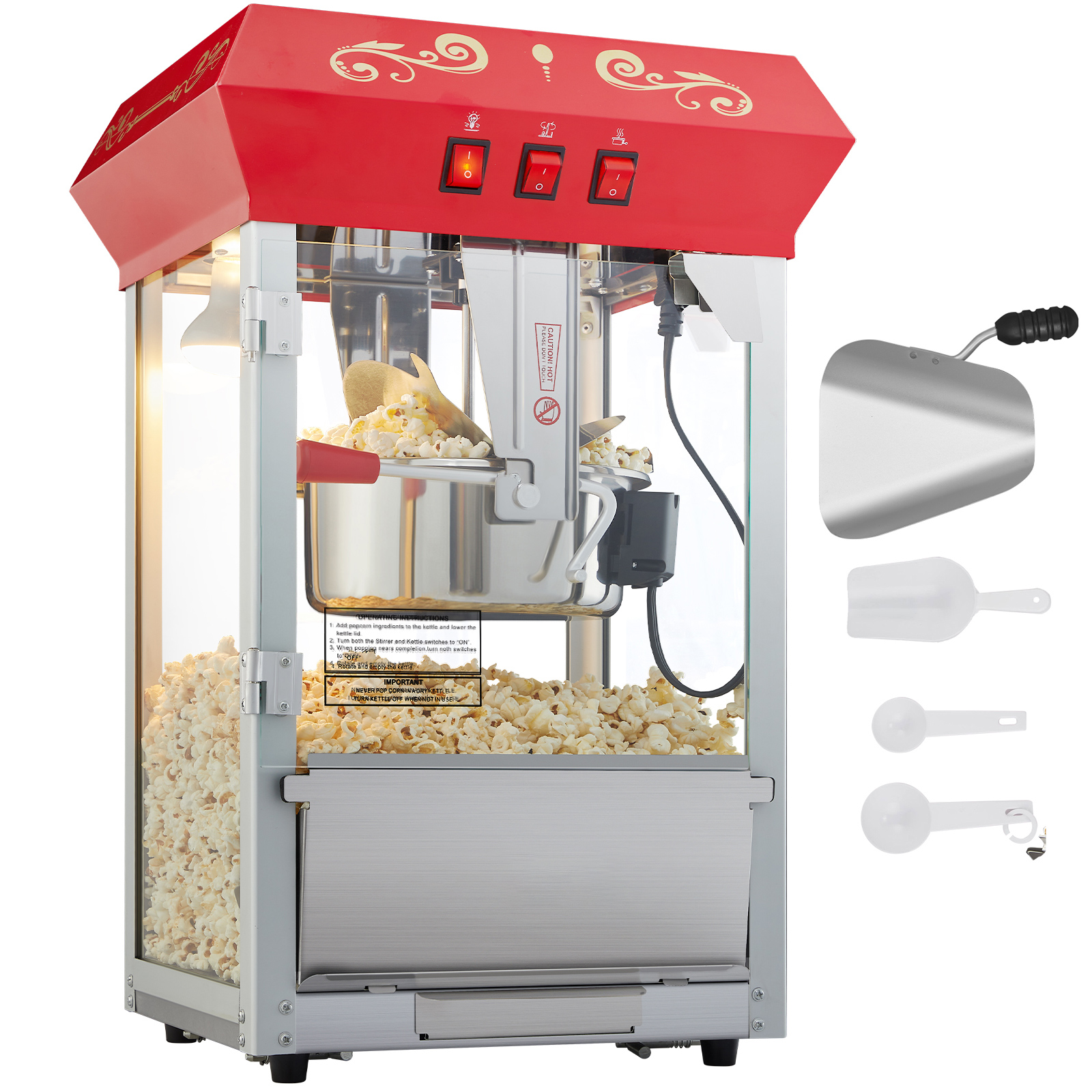SucceBuy 8/12オンス電気ポップコーンメーカー商業ポッパーマシン自動コーン調理器具スクープスプーン付きSUS304加熱管