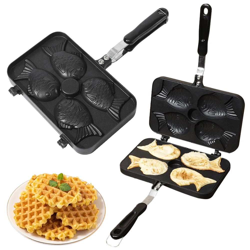 キッチン日本のたい焼きダブル魚の形のホットデザートワッフルケーキメーカーパン日本のパンケーキダブルパンフライパンワッフル型