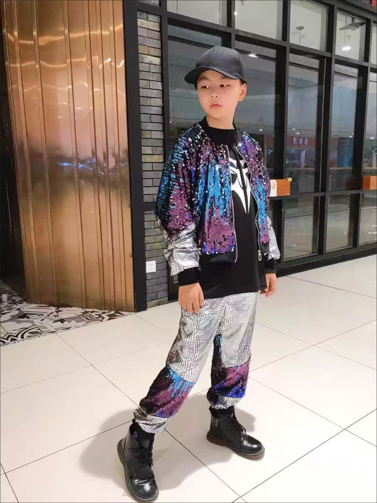 男の子ジャズダンス衣装パフォーマンストリート服着用子供ヒップホップ服スパンコールコートジャケット緩めシルバーパンツ女の子のための