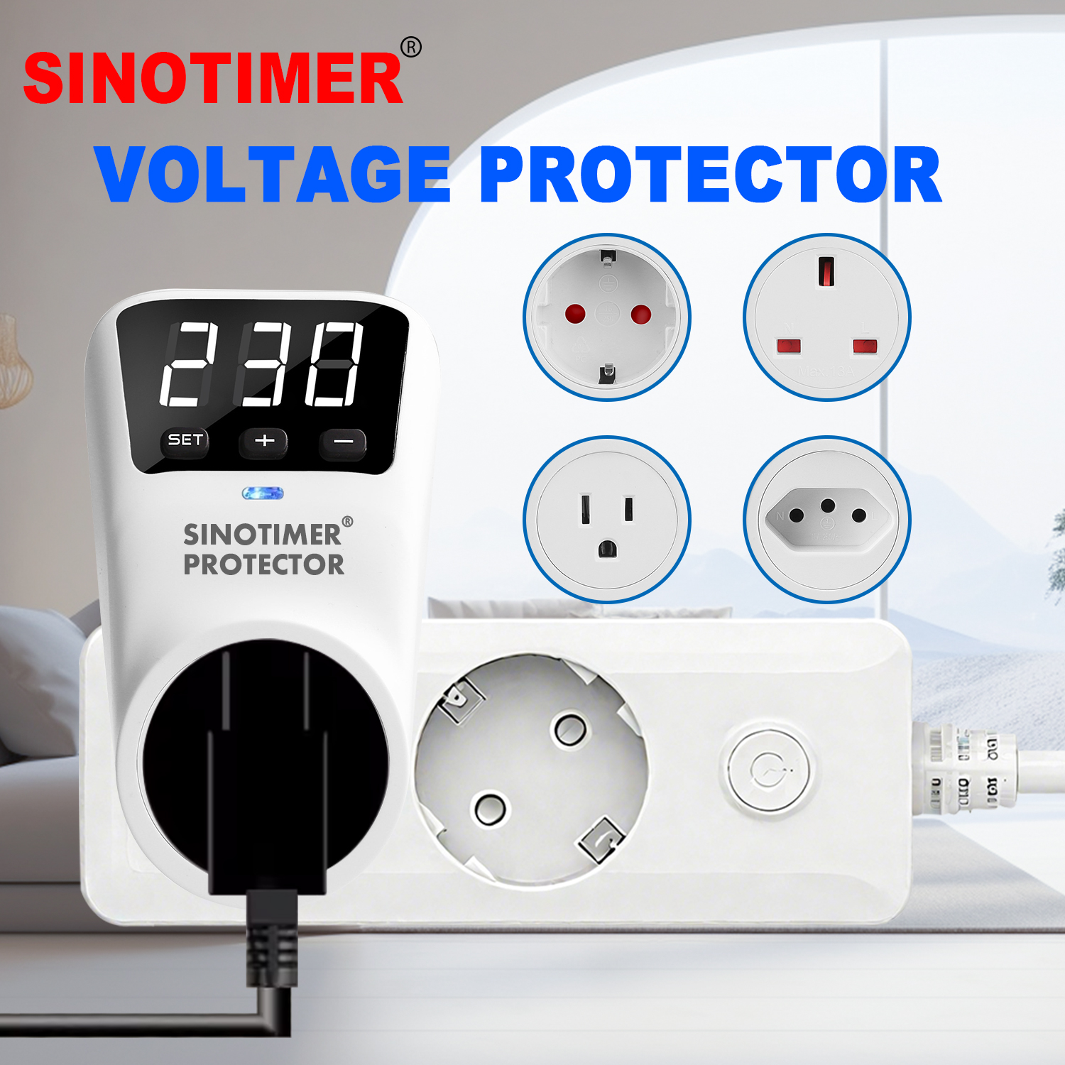 自動電圧プロテクターソケット AC 220V EU/米国プラグ 120VAC 調整可能な固定 16A 電圧安全冷蔵庫保護コンセント