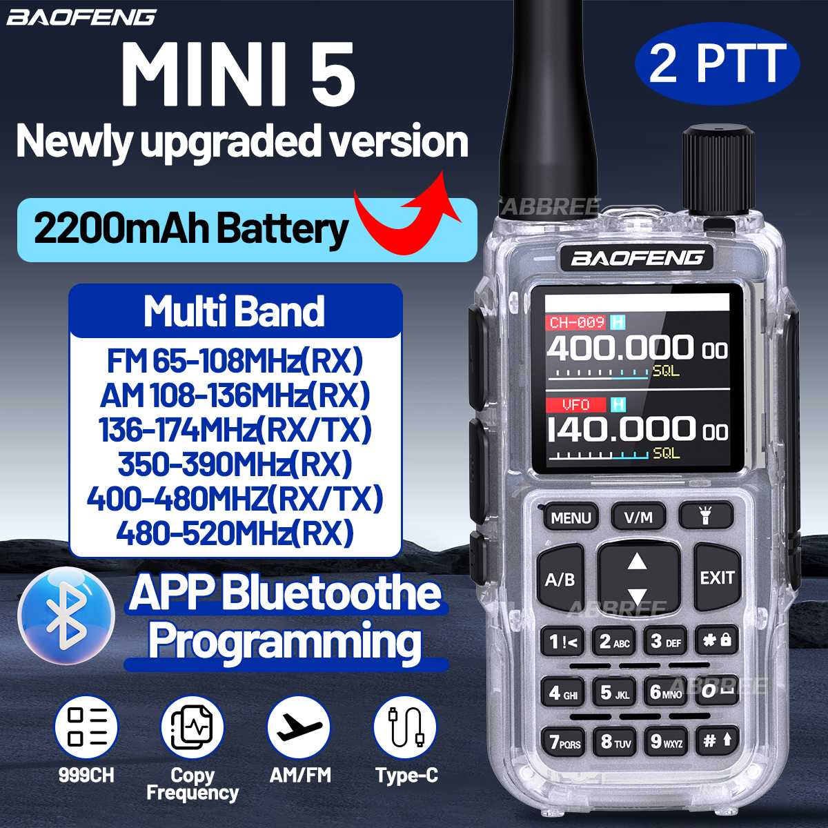 BAOFENG MINI 5 トランシーバー 2200mAh バッテリー APP Bluetooth プログラミング長距離デュアル PTT 新しくアップグレードされた UV-5R MINI アマチュア無線