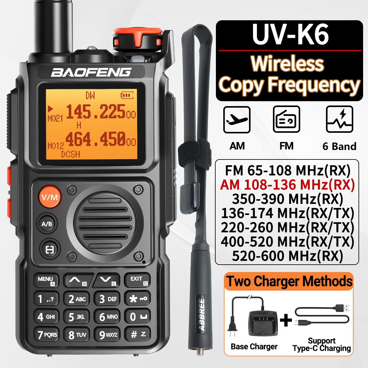 Baofeng UV-K6 エアバンドトランシーバーワイヤレスコピー周波数マルチバンド Type-C ポータブル UHF VHF 長距離 UV5R 双方向アマチュア無線