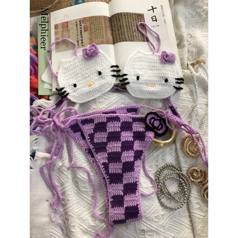 サンリオかぎ針編みビキニセットかわいい女の子水着ハローキティセクシーな水着マイクロネクタイビキニビーチウェア女性水着
