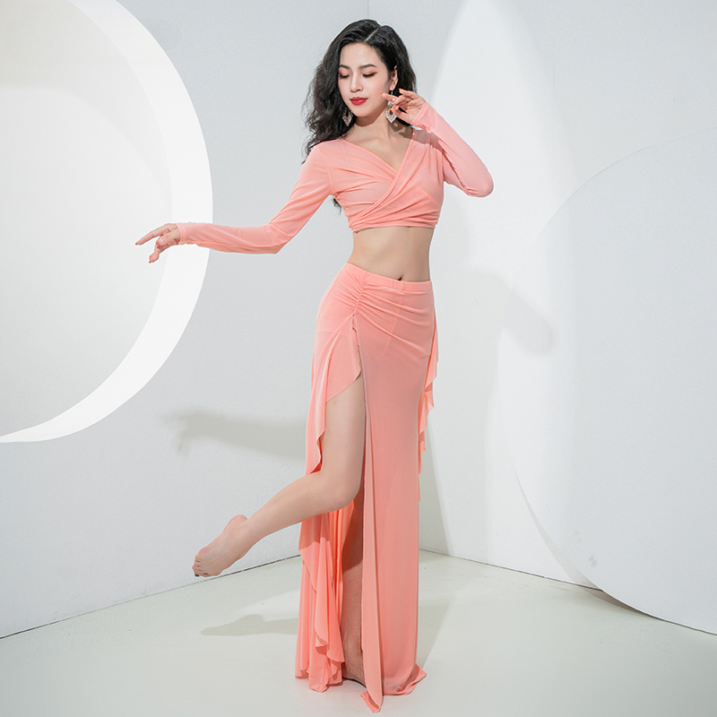 ベリーダンス衣装長袖セット女性メッシュトップスカート 2 個練習スーツオリエンタルグループ服ベリーダンス衣装
