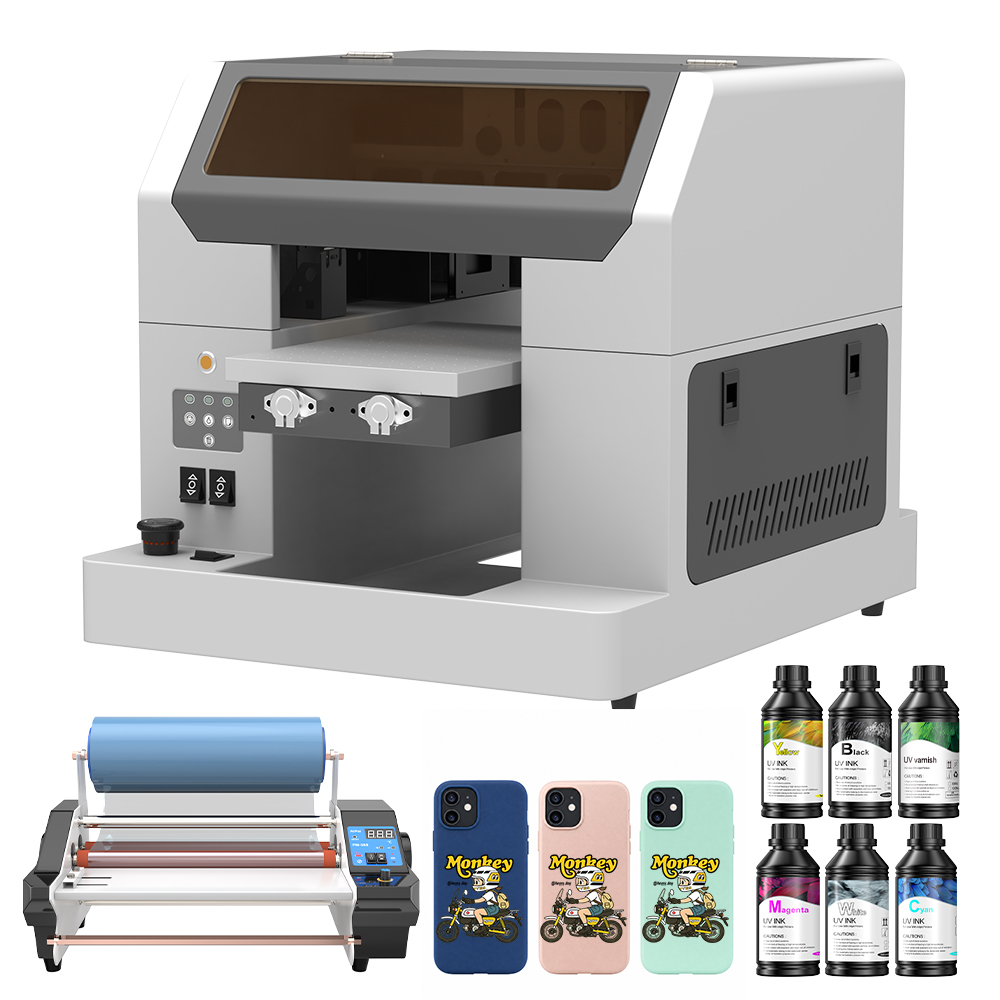 L805 A4 UV フラットベッドプリンター、ワニスロータリーアタッチメント付き、ボトルアクリル用自動 DTF AB フィルムステッカー印刷機
