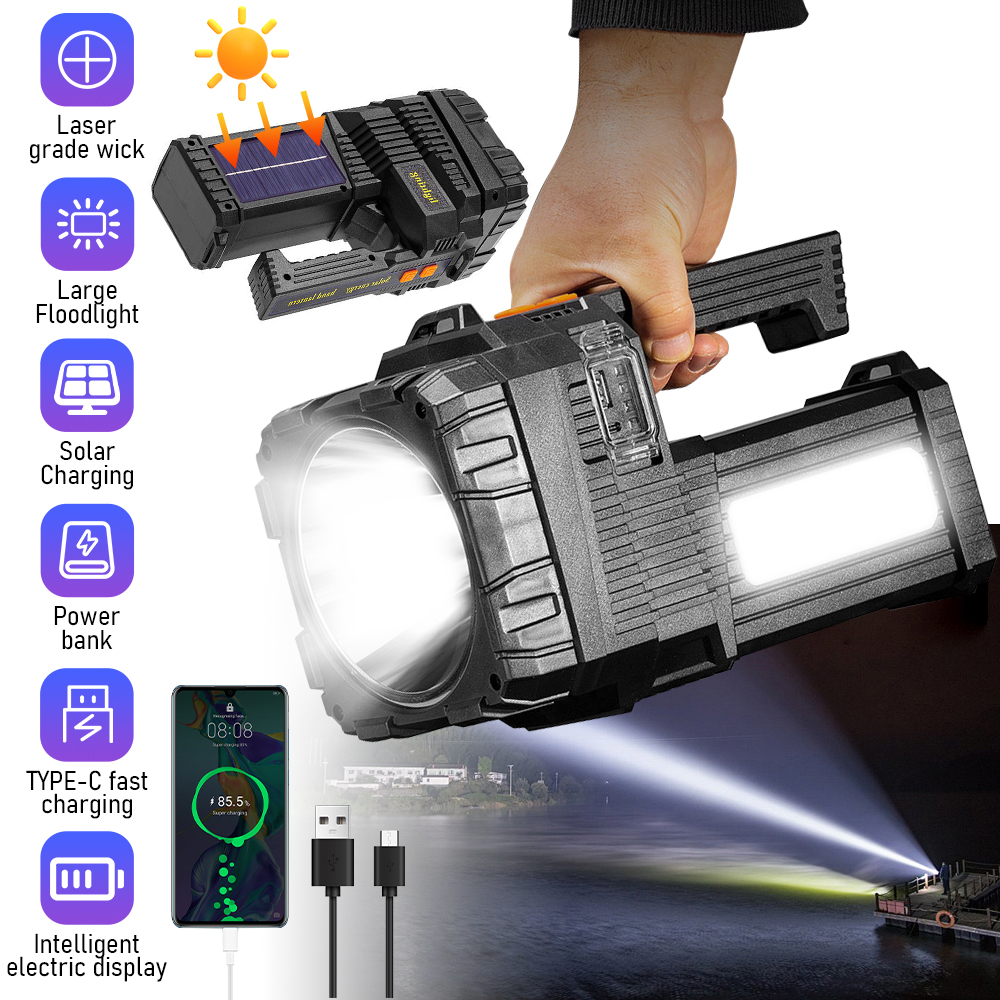 Solar Rechargeable Handheld Spotlight Flashlight LED Searchlight with COB Side Light 6 Modes Dimmable Torch Power Bank Type-C Fast Charging Waterproof Outdoor Camping Emergency Lamp Support Tripod Mou