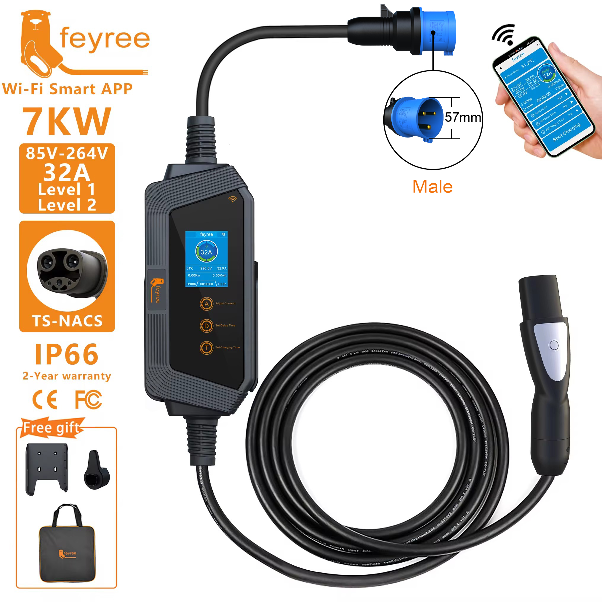Feyree ポータブル EV 充電器 TS-NACS コネクタ付き 32A 最大 50A 12kW ハイパワー EV ウォールボックス、APP WIFI 付き、すべての Tesla モデル用