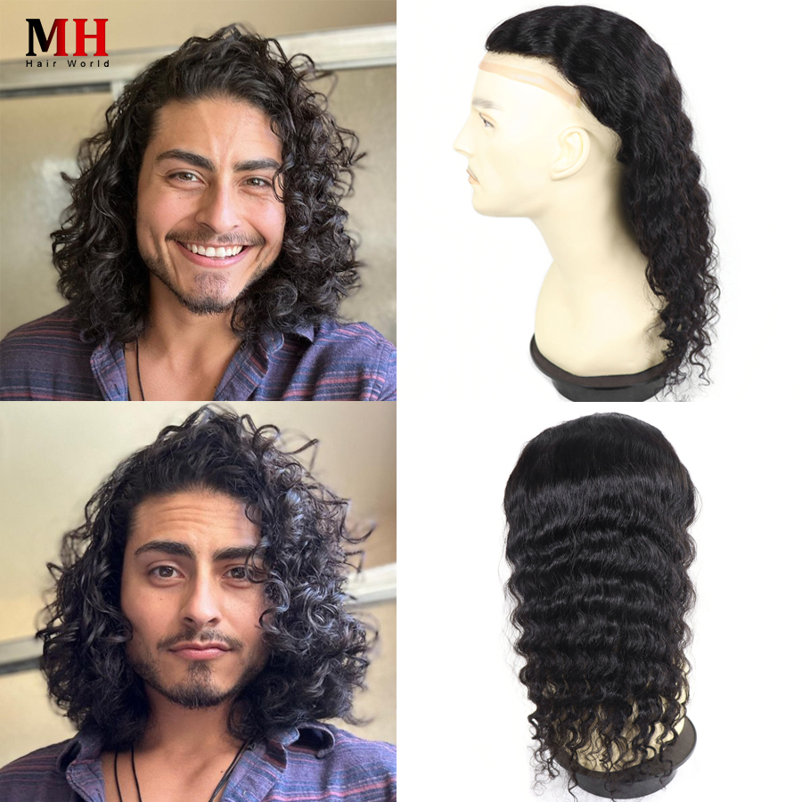ロング男性の髪かつら 12 "14" 16 "人毛カーリー男性かつらかつらナチュラルブラックシステムレースモノラル PU ベース