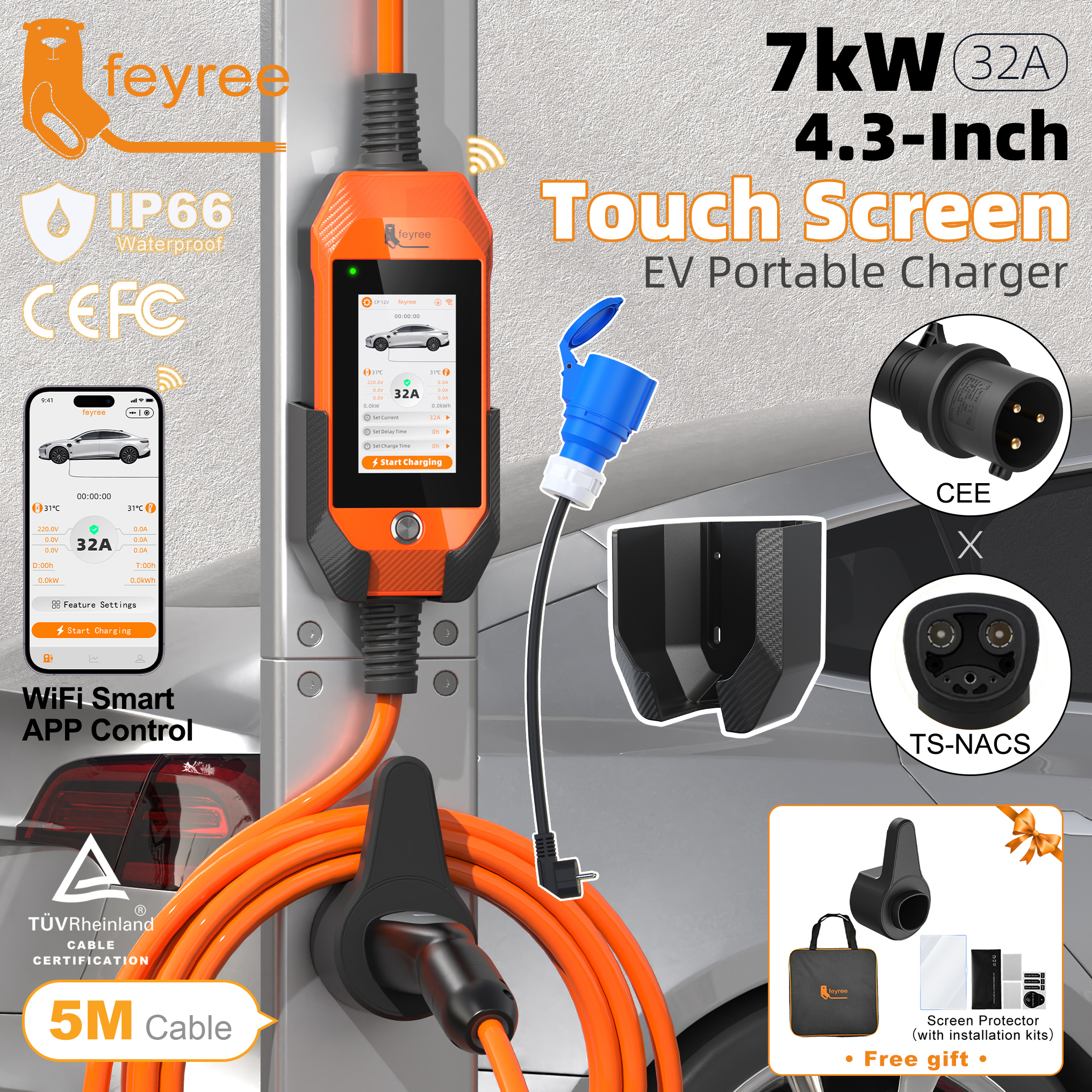 Feyree TS-NACS ソケット 7kW 32A 1P ポータブル EV 充電器 4.3 インチ タッチ スクリーン ハイパワー スマート APP WiFi 制御 EV テスラ車用