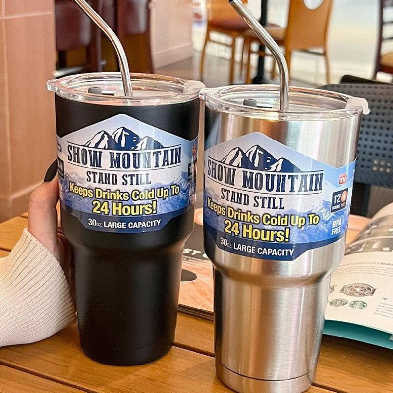 魔法のステンレス鋼フリーズ魔法瓶カップ ストロー付き アイスコーヒードリンク 真空断熱ボトル 車 旅行 アウトドア マウンテンカップ