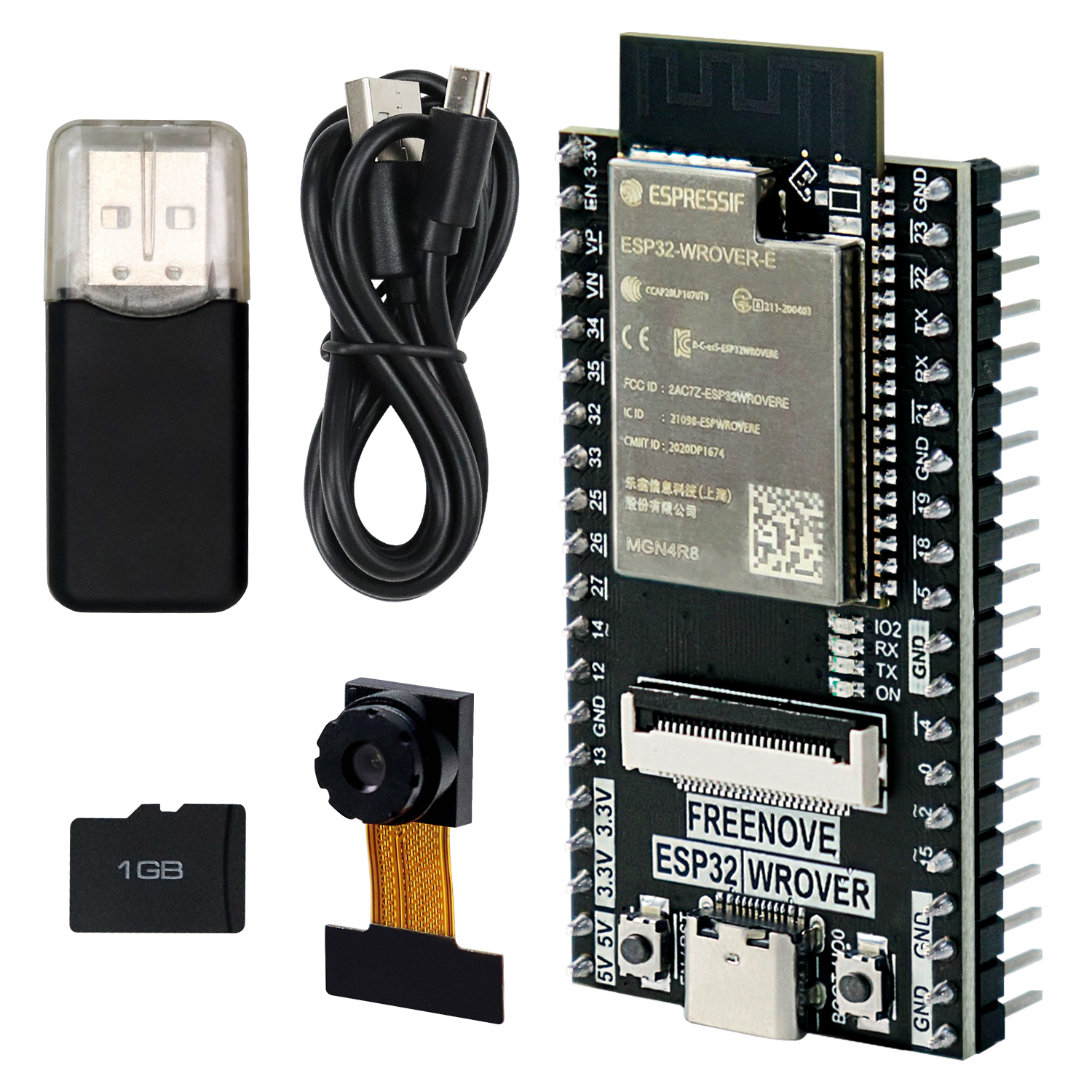 Freenove ESP32-WROVER CAM ワイヤレス ボード、デュアルコア 32 ビット 240 MHz マイクロコントローラー、Python C コード、サンプル プロジェクトのチュートリアル