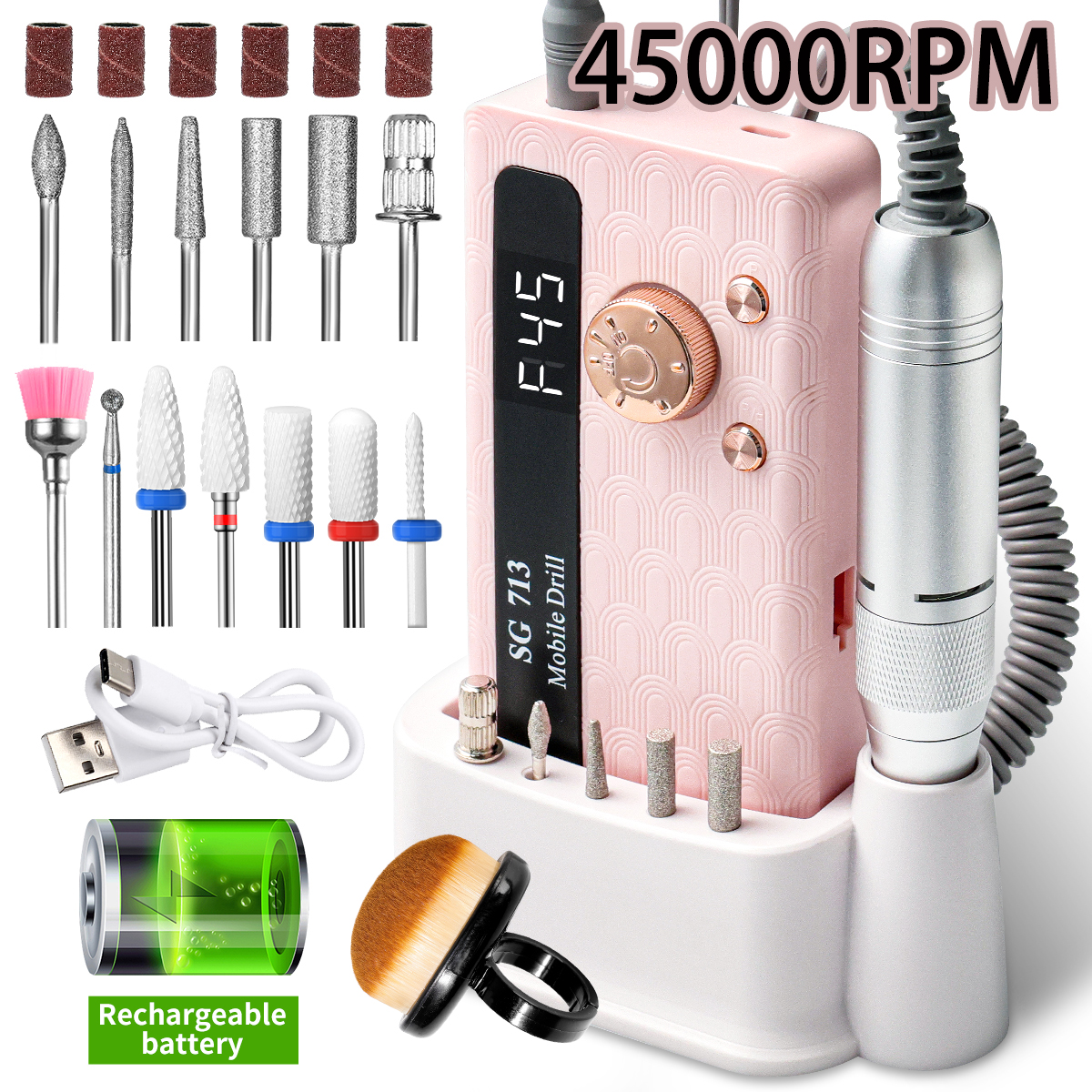 35000/45000RPM 充電式ネイルドリルマシンプロフェッショナルポータブル電気マニキュアファイル爪用ジェルポリッシュ削除研削