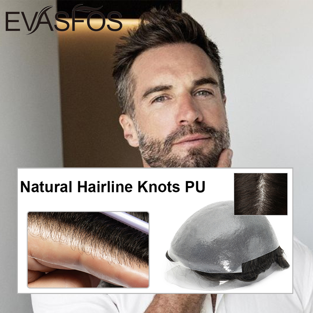 目に見えないヘアライン 0.04 ミリメートルノット Pu 人毛ウィッグ男性かつらナチュラルフロントノット PU 男性の毛細管プロテーゼ交換システム