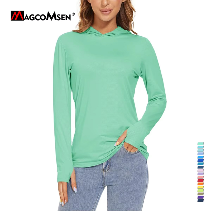 MAGCOMSEN レディース トレッキング Tシャツ UPF 50 UV 保護 スポーツウェア 速乾性 長袖 サマー パーカー シャツ 親指穴付き