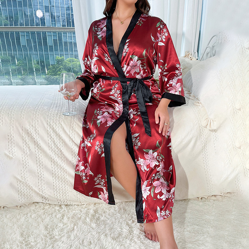 大サイズ 3XL 4XL 5XL 女性ロングローブプリント花着物バスローブガウン浴衣ルースシルクサテンパジャマホームドレス部屋着
