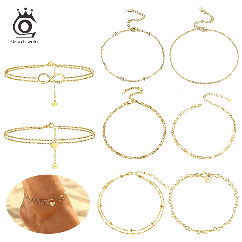 ORSA JEWELS ビーズ調節可能なアンクレットブレスレット 100% 925 シルバーゴールドシルバーカラーガール女性裸足足首ジュエリーギフト SA14