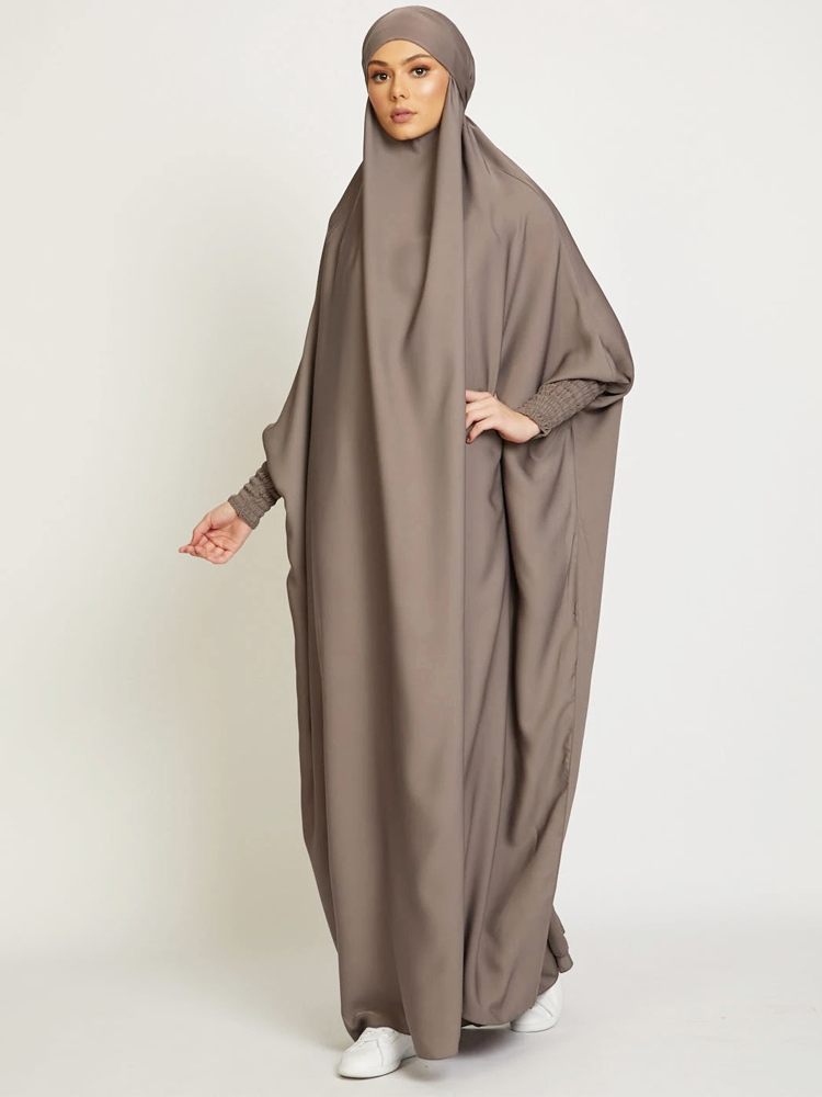 イスラム教徒の女性用ワンピース祈りアバヤドレス - ベルベットのようなサテン、スモッキングスリーブ。ドバイ イード ラマダン イスラム服 ヒジャビ ジルバブ