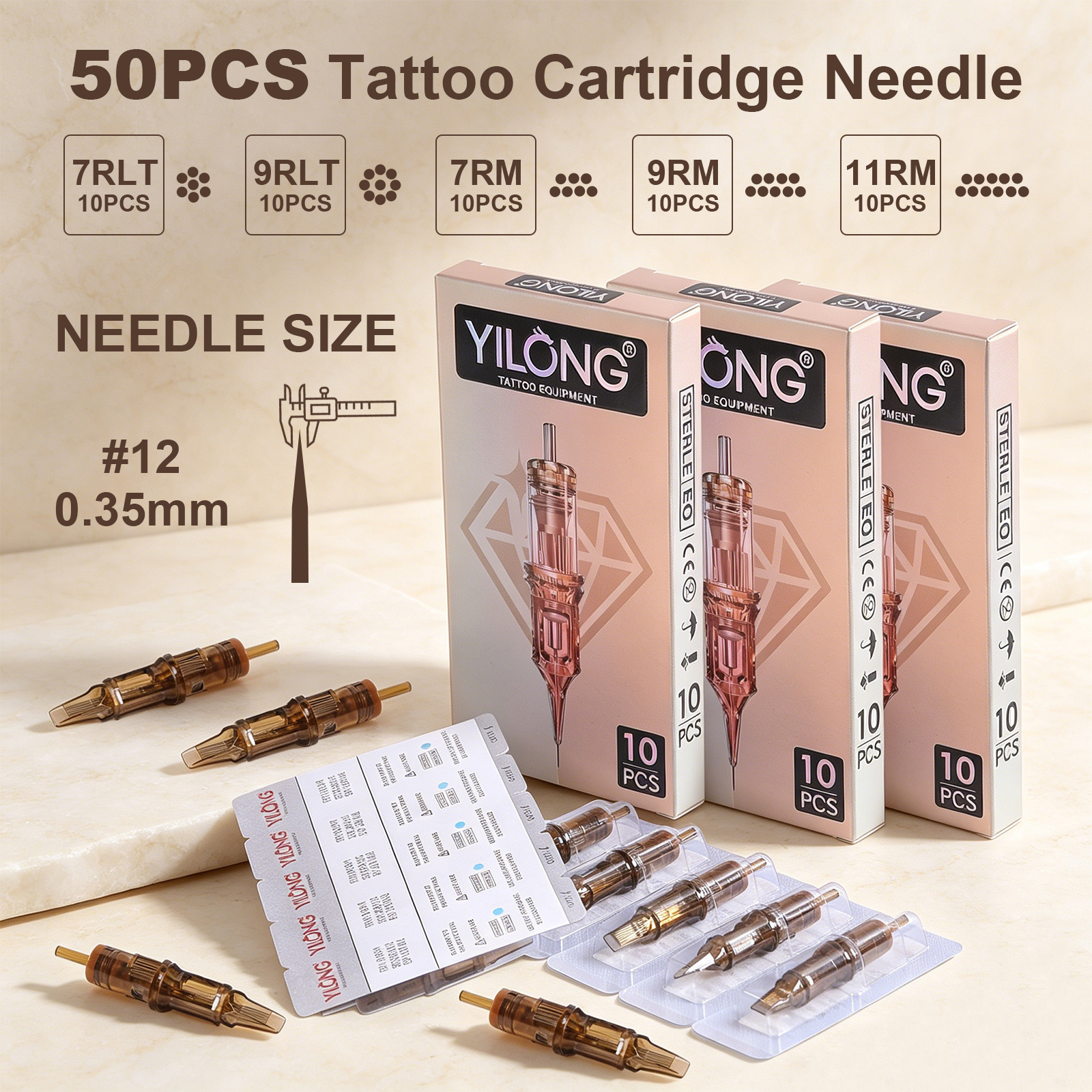 YILONG 50 個タトゥーカートリッジ針 0.35 ミリメートル混合使い捨て滅菌タトゥー針カートリッジロータリータトゥーペンマシン用
