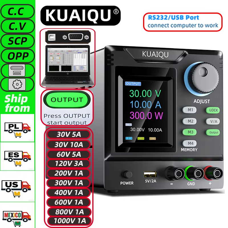 KUAIQU 高電圧 1000V プログラマブル RS232 通信 DC 電源 30V 10A 調整可能ラボ電源 400V 編集保存済み