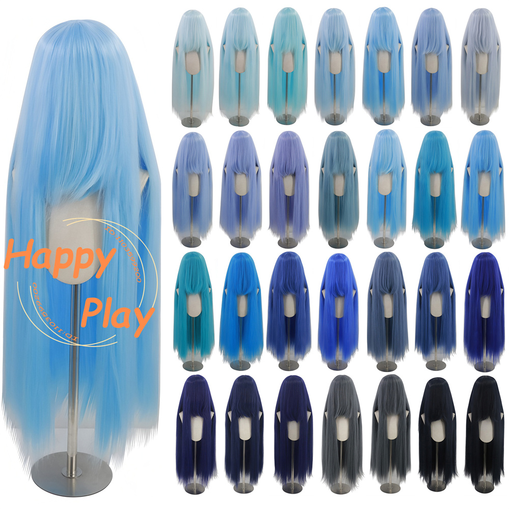 合成 100 センチメートルコスプレかつら 35 センチメートル前髪女性のためのブルーカラフルなソリッドカラーのかつら耐熱髪ハロウィンクリスマス