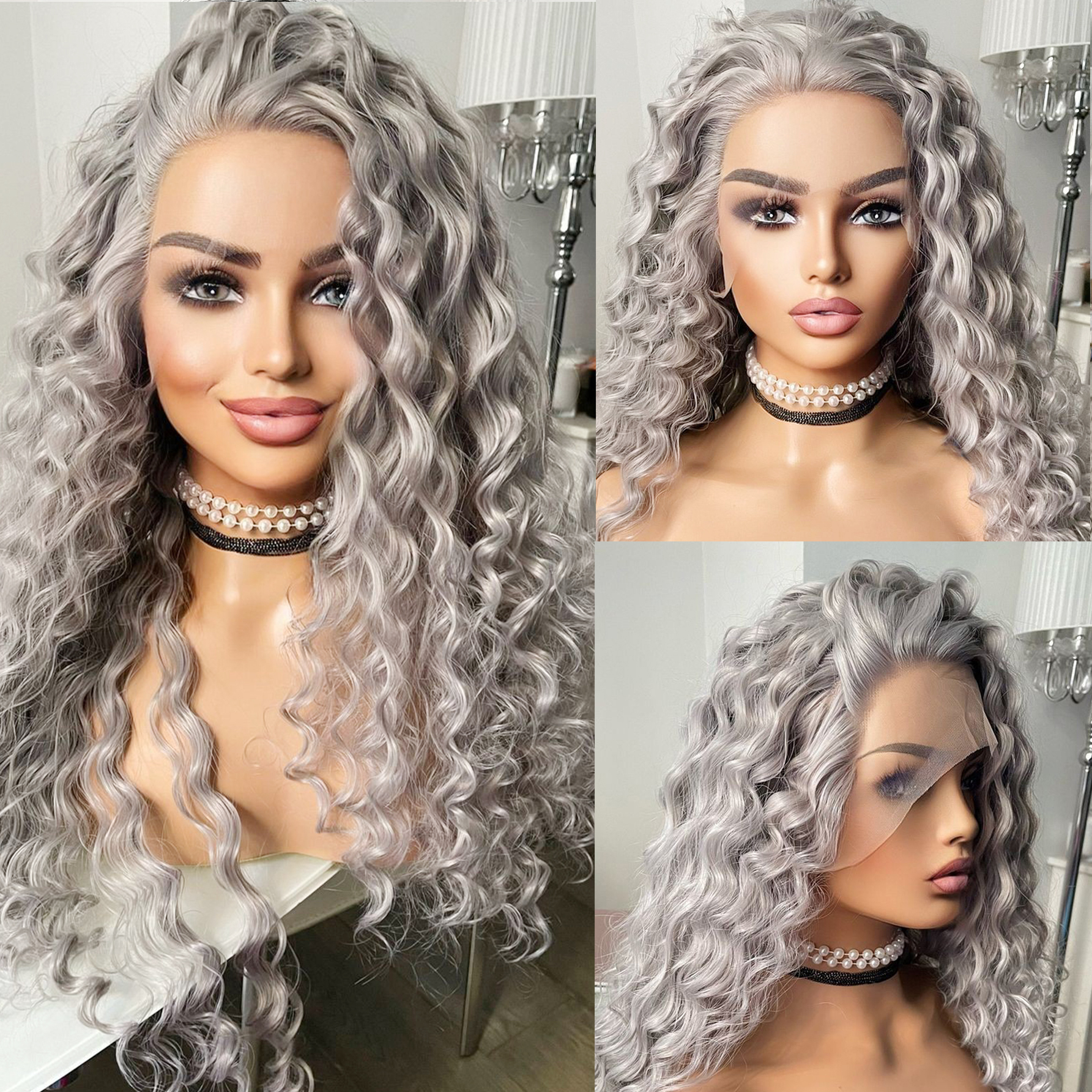 AIMEYA 合成レースフロントウィッグロングシルバーグレーカーリーウィッグナチュラルヘアライン人工毛かつら日常使用コスプレ