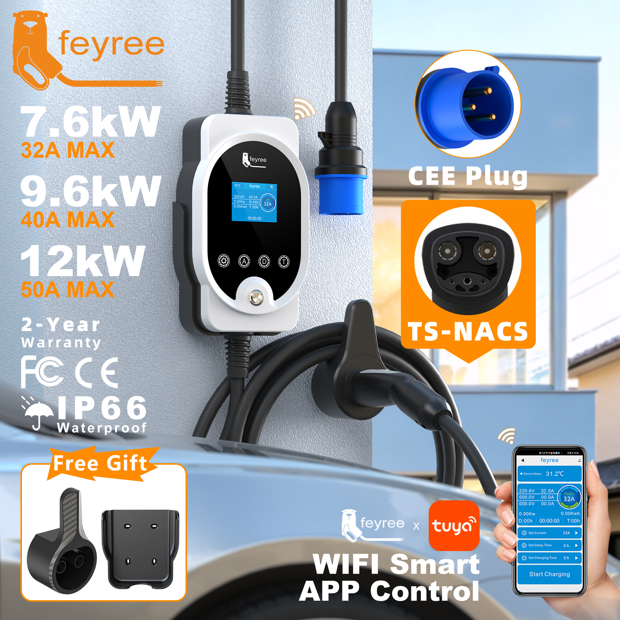 Feyree EV TS-NACS ソケットポータブル充電器 50A 40A 32A 急速充電器スマート APP 制御電流調整