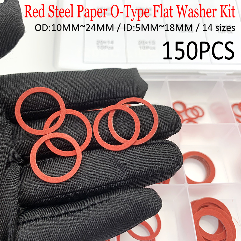 150 個レッドファイバー O リングフラットワッシャーキット ID 5 ～ 18mm OD 10 ～ 24mm 耐摩耗性紙シール、ポンプ、バルブ用