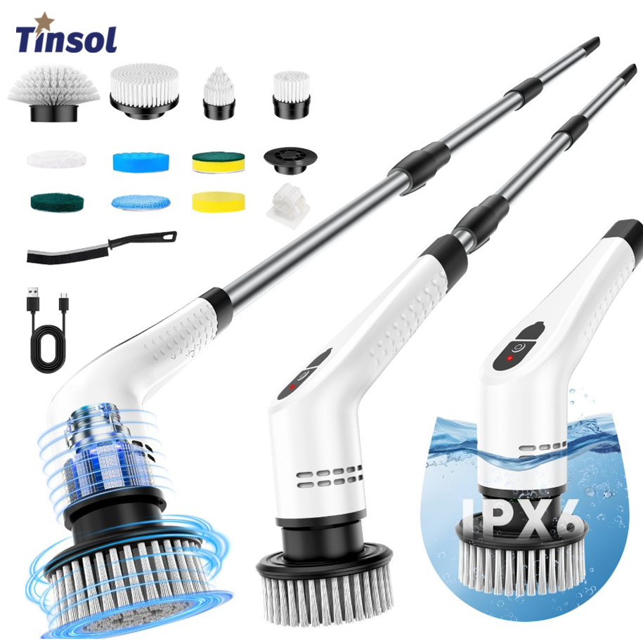 TINSOL 12 in 1 電動クリーニングブラシ、伸縮ハンドル付き、多機能家庭用床およびキッチンクリーニングツール