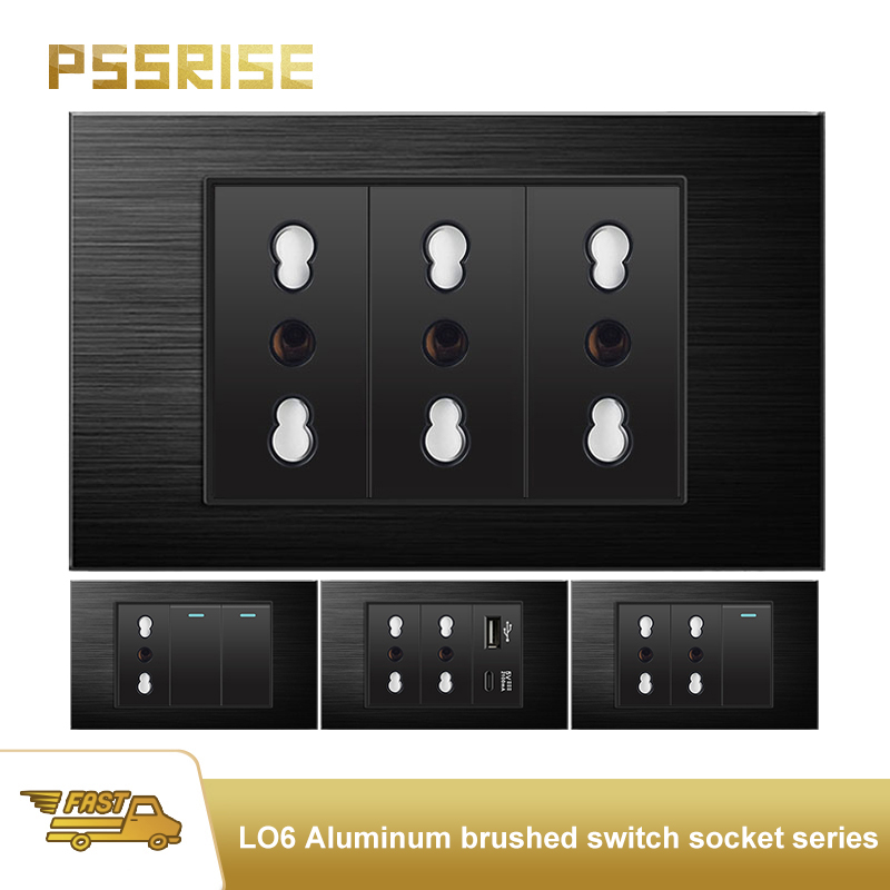 PSSRISE ブラックアルミニウムパネルイタリアソケット USB タイプ C 2.1A 急速充電壁ソケットライトスイッチソケット Schuko テレビコンピュータホーム