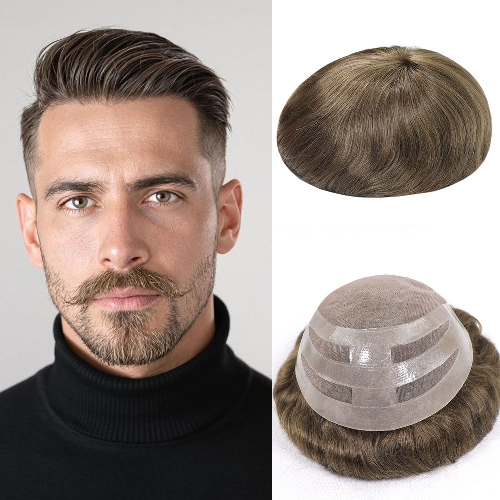男性用かつら ベースヘアピース周り PU モノラル 通気性と耐久性のある毛交換システム ストレート ブラウン 自然な見た目の生え際 マラ ヘア ユニット 6 インチ