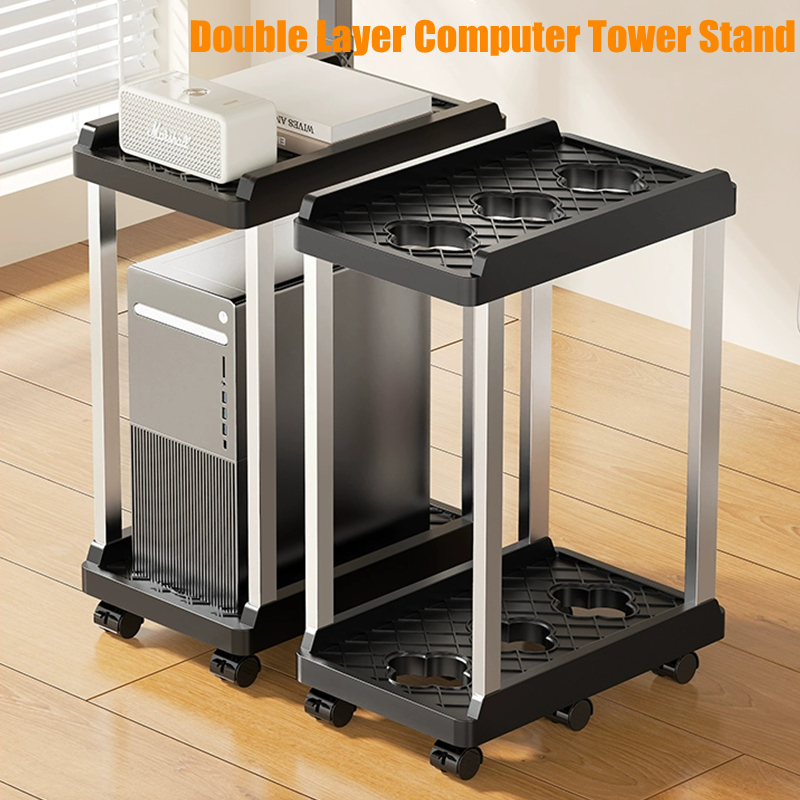 二重層コンピュータタワースタンドユニバーサルホイール付きモバイルベースシンプルなストレージ強化ケースサポートブラケットPC CPUスタンド