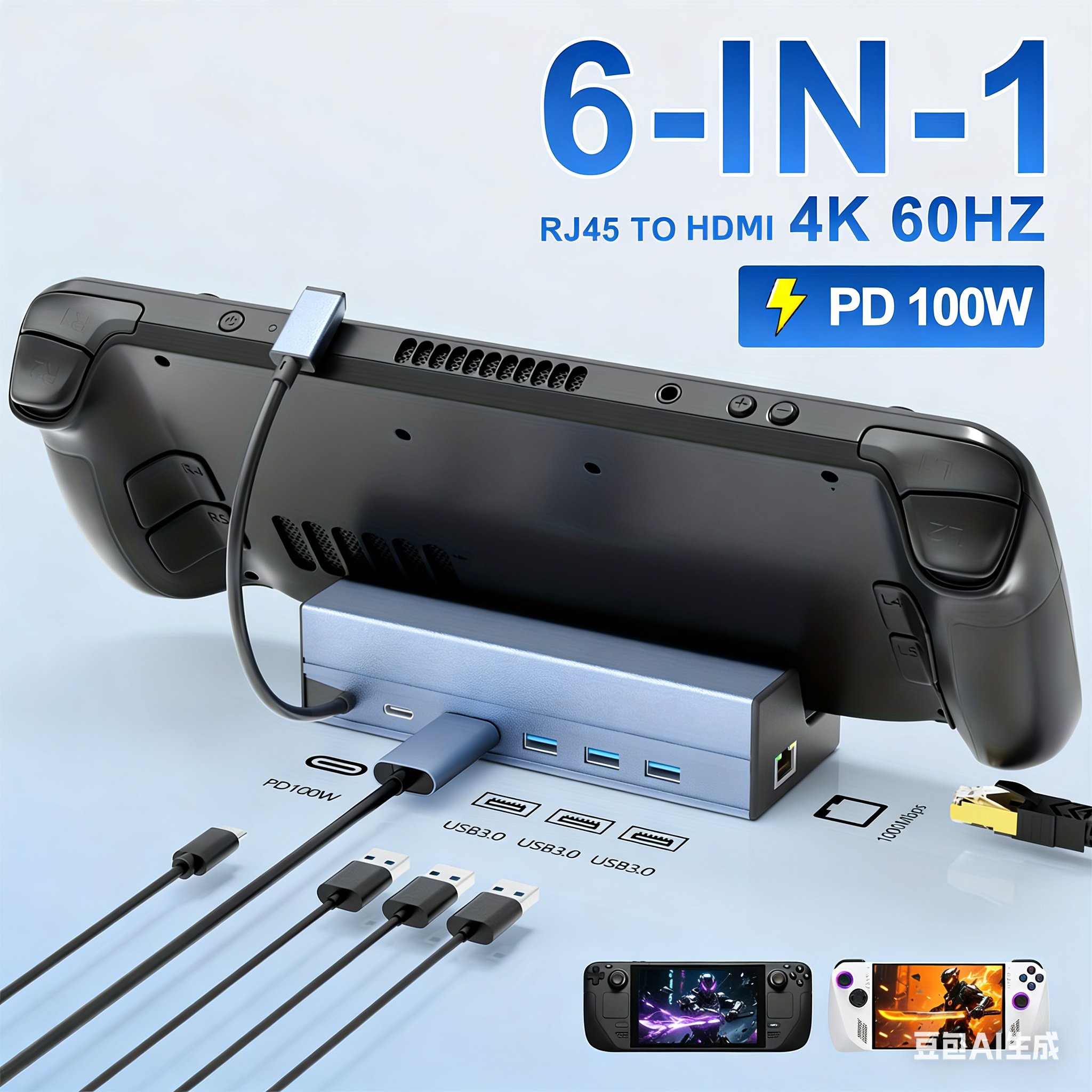 6-in-1 スチーム デッキ ドッキング ステーション 4K HDMI 2.0 ギガビット イーサネット LAN 3x USB 3.0 PD 60W 充電ハブ ドック ベース スタンド スチーム デッキ用