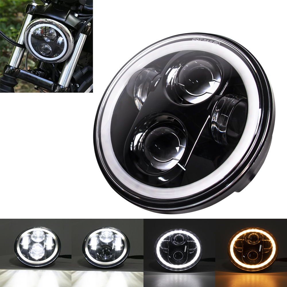 Headlight 5.75 Inch Black Halo Angel Eyes LED For Harley Sportster 1200 883 Street Softail Dyna 5-3/4" Projector Round Headlamp