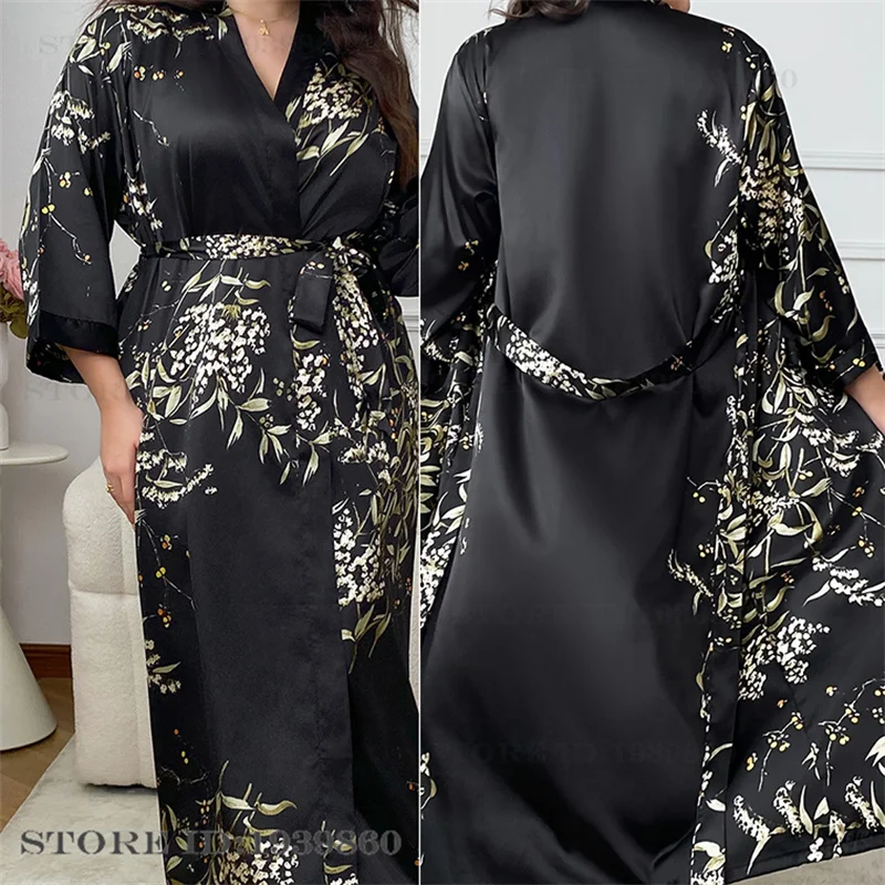 プラスサイズ 3XL 4XL 5XL 女性のパジャマ Twinset ローブセットナイトガウンプリントフラワーロング着物バスローブガウン緩いカジュアルホームウェア