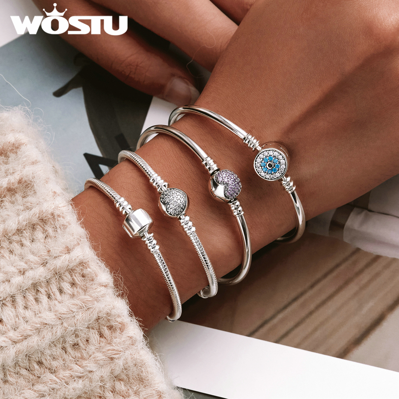 WOSTU 925 スターリングシルバー ブレスレット – バレル スナップ クラスプ、キュービック ジルコニア、バングル ブレスレット、チェーン ブレスレット、チャーム、サイズ 17 ～ 21