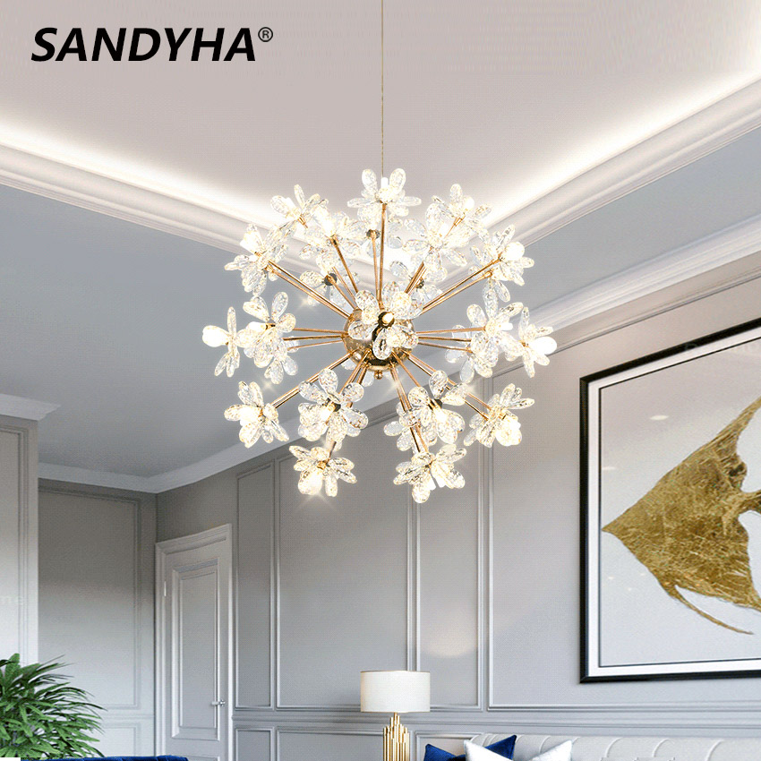 SANDYHA Modern LED Luxury Crystal Chandelier Dandelion Round Ball Pendant Ceiling Lamp for Dining Living Room Hanging Light New
