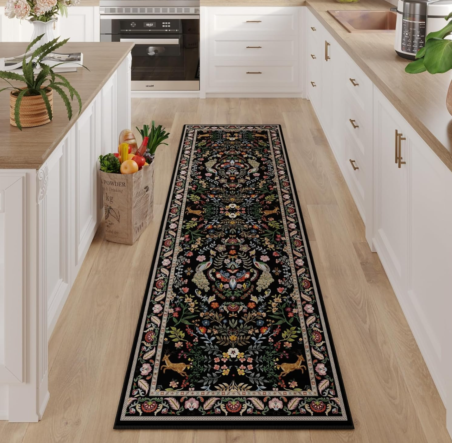 Elegant Black Floral Long Runner Rug Non Slip Floor Mat Vintage Pattern Carpet for Bathroom Corridor Kitchen Home Living Room