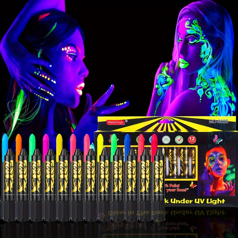 12 個 UV ネオンフェイスボディペイントキット、蛍光グローインザダークフェイスペイントクレヨンスティック、マルディハロウィーンマスカレードメイクアップ用
