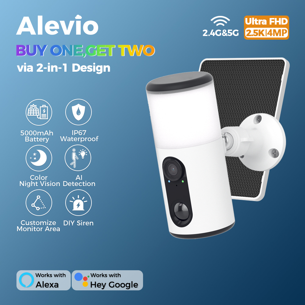 ALEVIO ソーラーカメラ WIFI 屋外ワイヤレスセキュリティカメラ超待機時間色覚 AI 検出 2.5K バッテリー投光器カム