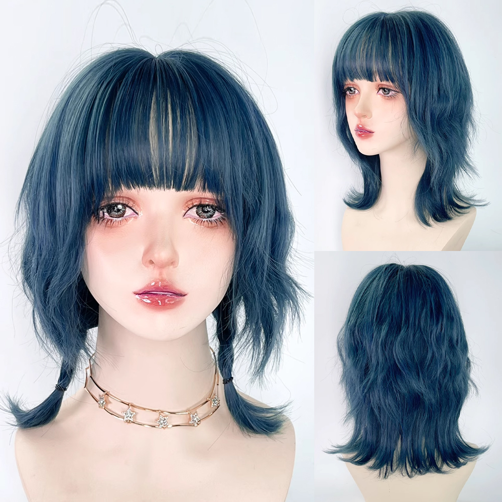 ブルー合成マレットヘッドウィッグ前髪付きショートストレートロリータアニメコスプレふわふわヘアウィッグ毎日のパーティー用