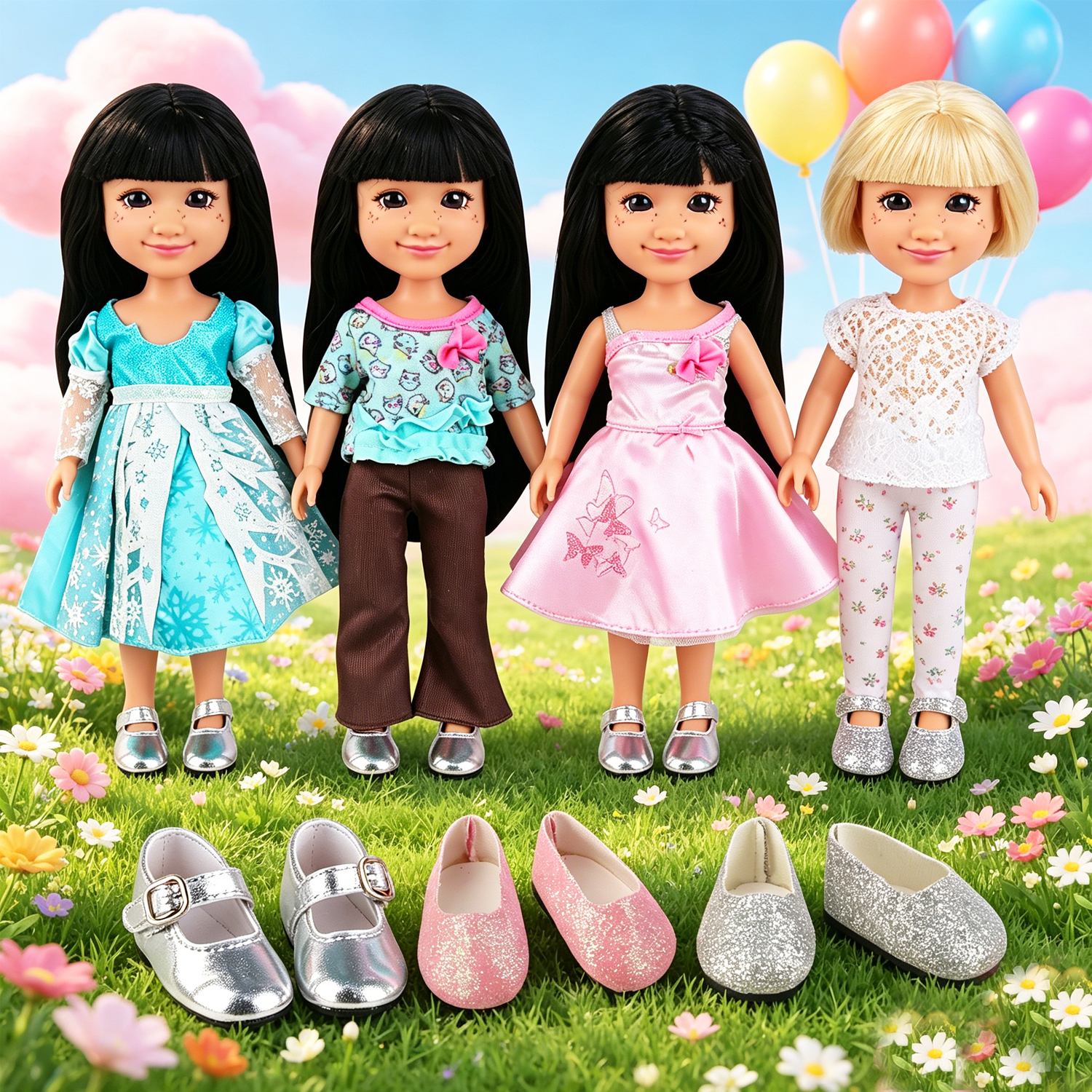 かわいいデイリードール衣装 5cm 人形靴ギフトセット 14 インチ女の子人形用 アイススノーガウン 猫プリント服ドレス 30-35cm ベビードール用