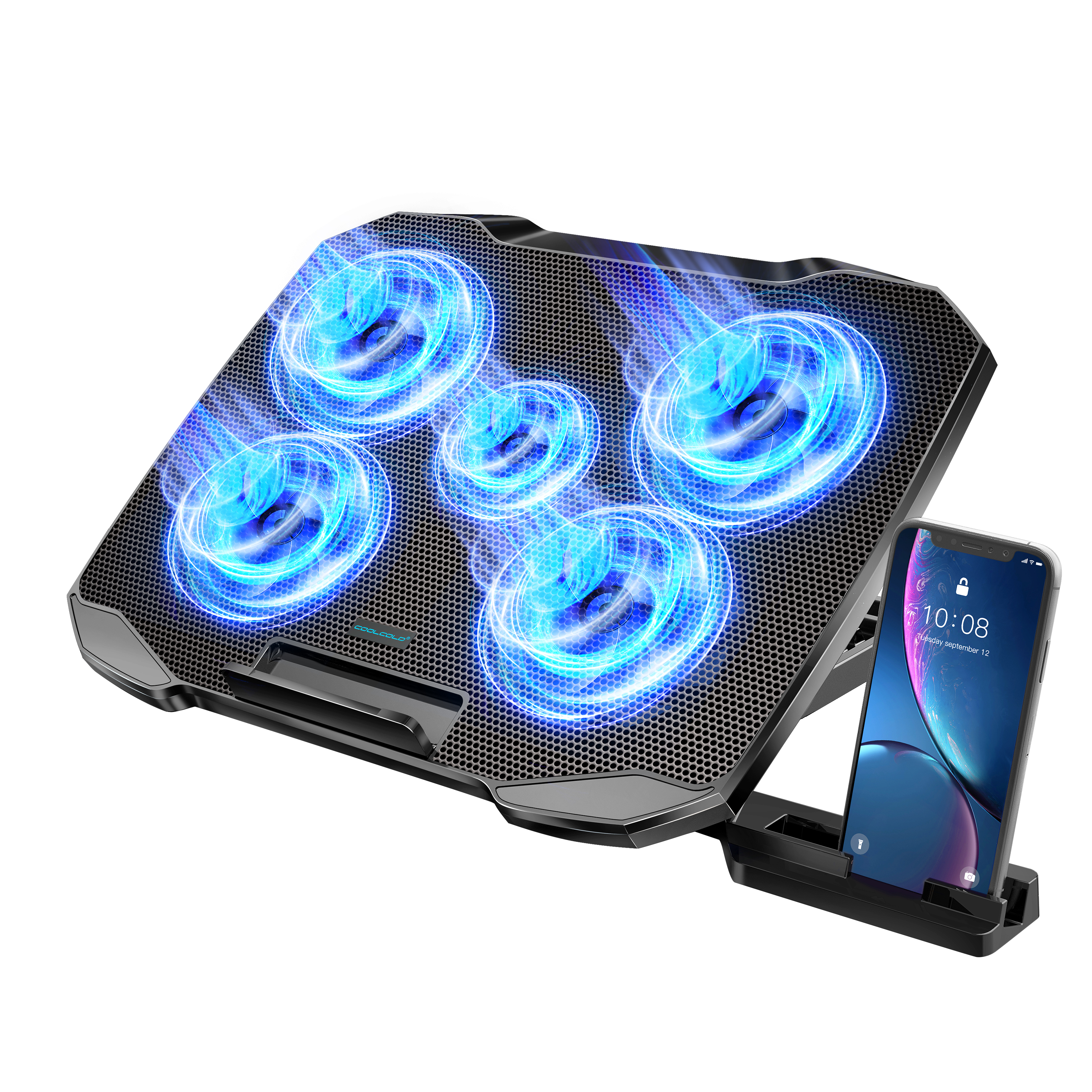 COOLCOOLD ノートパソコン冷却パッド 12-17 インチノートパソコンクーラースタンド用、静音ファン 5 個、電話ホルダー付き 5 角度調整可能